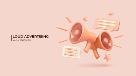 Marketing or advertising concept, 3d megaphone loudspeaker in realistic cute cartoon style. Vector illustrationのイラスト素材