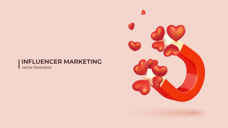 3d vector of Magnet with Red Hearts. Realistic 3d design of marketing and Business Online Strategy, Influencer marketing Concept in Trendy colors. Vector illustration in cartoon minimal style.のイラスト素材