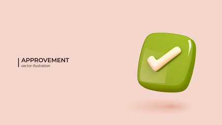 3D Approvement Concept. Realistic 3d design of Green Icon Right Checkmark Box in Trendy colors. Vector illustration in cartoon minimal style.のイラスト素材