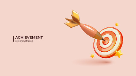 3D Dart hit on Center of Target. Realistic 3d Design of Success business target customer online marketing consultants. Vector illustration in cartoon minimal style.のイラスト素材