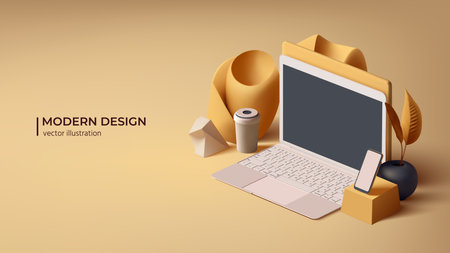 3d Abstract Computer Illustration. Moder Design for Landing page, Internet Banner or Promo. Vector illustration in minimal style.のイラスト素材