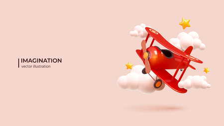 3d Imagination concept - dreams of flight. Realistic 3d design of toy airplane against summer sky background. Freedom and Motivation concept in cartoon minimal style. Vector illustrationのイラスト素材