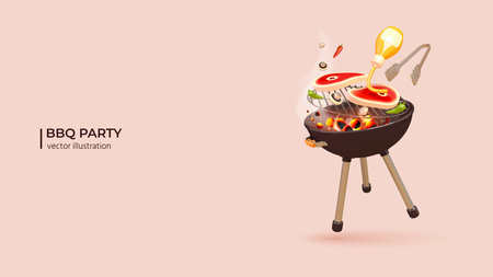 3d Realistic BBQ Grill. Realistic 3d design of Grill cooking with Flames, Steak and Vegetables. Ultra realistic summer party picnic in park with grill. Vector illustration in cartoon minimal style.のイラスト素材