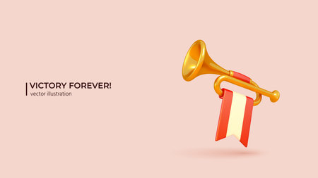 3d Gold Trumpet. Realistic 3d design of Golden Fanfare with White and Red Flag. 3D Vector illustration in cartoon minimal style.のイラスト素材