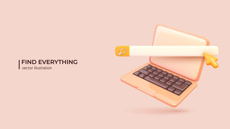 Artificial Intilect Search Engine - 3D Concept. Realistic 3d design of Modern Laptop and search bar icon. 3D Vector illustration in cartoon minimal style.のイラスト素材
