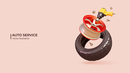 3D Auto Repair Service Concept. Realistic 3d design of Cars Tire, Rim, Pneumatic Screwdriver and Bolts. 3D Vector illustration in cartoon minimal style.のイラスト素材