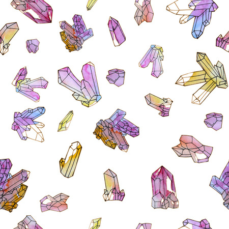 Hand painted watercolor crystals seamless pattern isolated on white background. Perfect for create invitations, cards, textile and other printing and design.の写真素材
