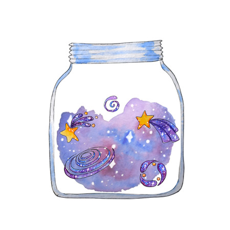 Hand painted watercolor space elements. Bottle with cosmos and stars isolated on white background. Perfect for card, decor and invitation, children designの写真素材