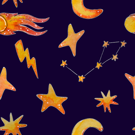 Hand painted watercolor space seamless pattern. Falling star, comet, moon, stars isolated on dark...