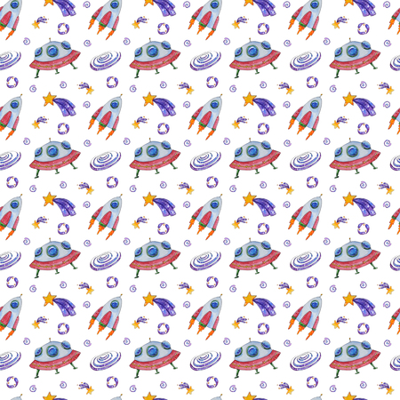 Hand painted watercolor space seamless pattern. Rockets, stars and galaxy isolated on white background. Perfect for card, decor and invitation, children designの写真素材