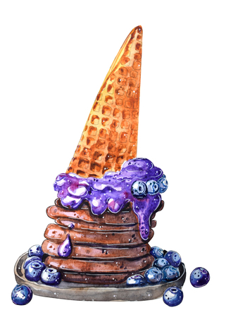 Hand painted watercolor pancake with ice cream. Purple pancake with blueberries and ice creamの写真素材