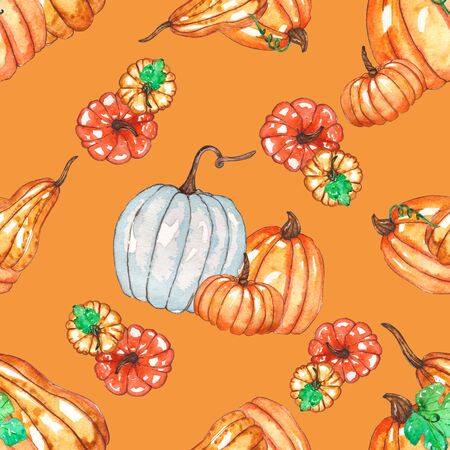 watercolor pumpkins seamless pattern. It is perfect for thanksgiving cards or wrapping paper, halloween design, recipe or menu, background.の写真素材