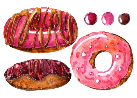 Hand painted Watercolor baking sweets. Donut, macaroon, candy illustration. Objects Isolated on white background. Perfect for celebration card, invitation, design, logoの写真素材