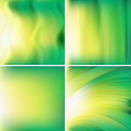 Set of four square backgrounds. Abstract vector illustration of backdrop with blurred light waves. Curved lines. Yellow, green colors.のイラスト素材