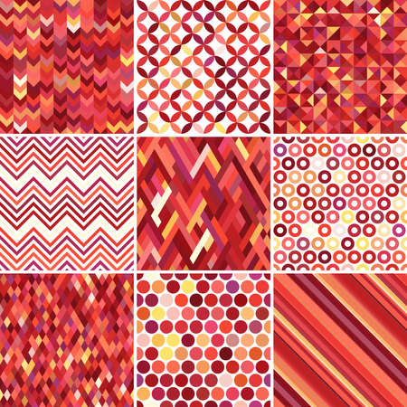 Set of abstract background, 9 geometric pattern, vector illustration. Texture can be used for printing onto fabric and paper. Red, orange colors.のイラスト素材