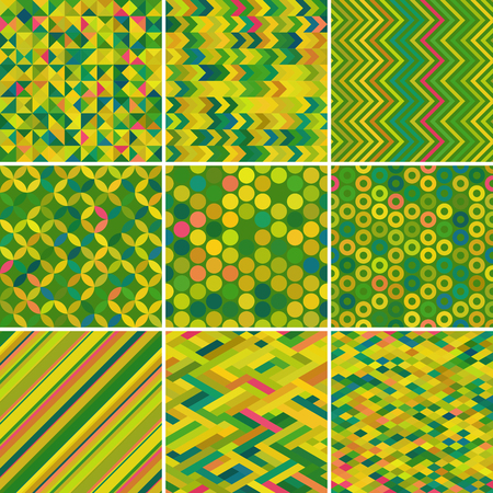 Set with 9 green abstract seamless geometric pattern, vector illustrationのイラスト素材