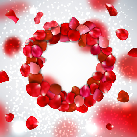 Red rose petals on gray background, vector illustration Valentine's day with beautiful rose petals. Love backdropのイラスト素材