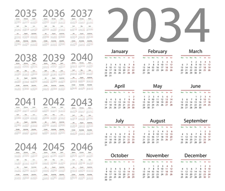 Simple calendar 2034 on white background. Vector illustrationのイラスト素材