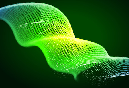 Abstract colorful digital landscape with flowing particles. Cyber or technology background. Green, yellow, blue colors.のイラスト素材