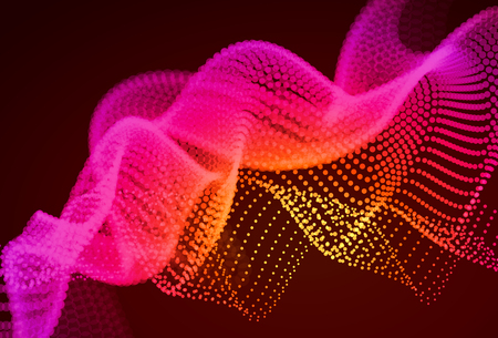 Abstract colorful digital landscape with flowing particles. Cyber or technology background. Red, pink, orange colors.のイラスト素材