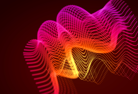 Abstract colorful digital landscape with flowing particles. Cyber or technology background. Red, pink, orange colors.のイラスト素材
