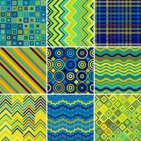 Set with nine seamless abstract geometric pattern, vector illustration. Yellow, green, blue colorsのイラスト素材