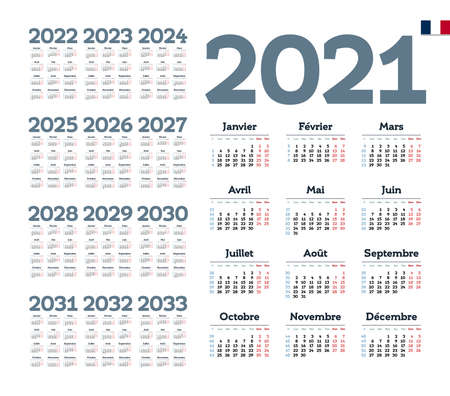 French Calendar for 2021-2033. Week starts on Mondayのイラスト素材