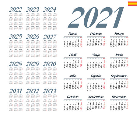 Spanish calendar 2021 - 2033 on white background. Start on monday. Vector illustrationのイラスト素材