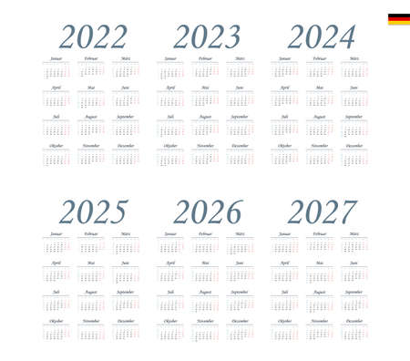 German Calendar for 2022, 2023, 2024, 2025, 2026, 2027. Week starts on Mondayのイラスト素材