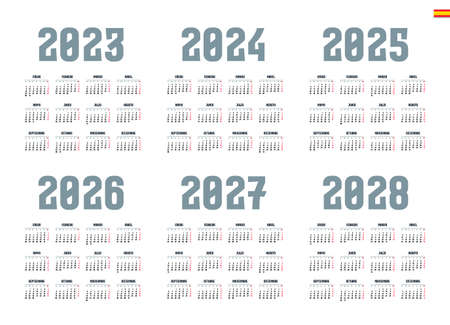 Spanish calendar 2022, 2023, 2024, 2025, 2026, 2027 on white background, week starts on Mondayのイラスト素材