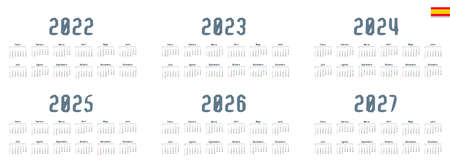 Spanish calendar 2022, 2023, 2024, 2025, 2026, 2027 on white background, week starts on Sundayのイラスト素材