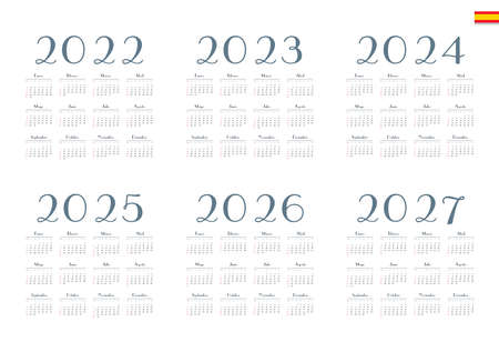 Spanish calendar 2022, 2023, 2024, 2025, 2026, 2027 on white background, week starts on Sunday