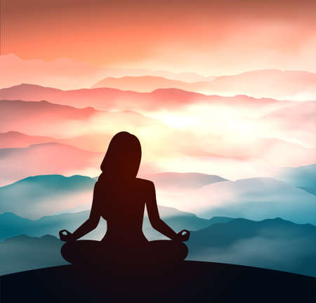 Woman meditating in sitting yoga position on the top of a mountains. Concept illustration for yoga, meditation, relax, recreation, healthy lifestyleのイラスト素材