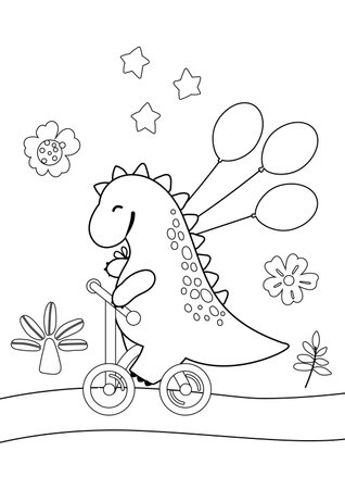 Coloring book for small children. Dinosaur on a bike with balloons, vector illustration, isolated on a white background. For children's creativity. Coloring page for kids.のイラスト素材