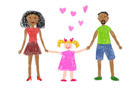 Children's drawing. African american family adopted white girl. happy familyのイラスト素材