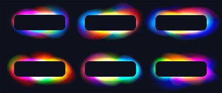 Black frames with blurred colorful gradients, glowing buttons with holographic light blur effect. Trendy vivid futuristic blurry square banner, neon fluid gradient elements.のイラスト素材