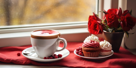 Cup of coffee with heart-shaped foam and red roses on the windowsillの素材