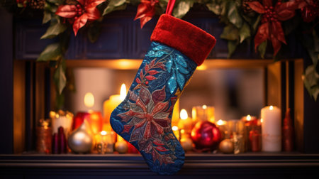 Christmas stocking in front of fireplace with burning candles. Winter holidays concept.の素材