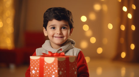 Cute little boy with christmas gift in room with lights on backgroundの素材
