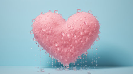 Pink heart with water drops on blue background. 3D rendering.の素材