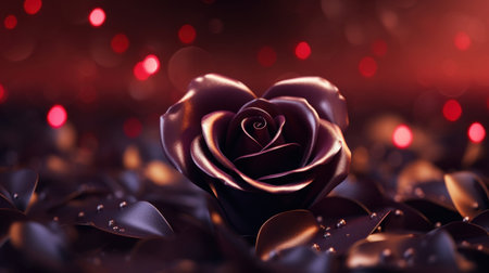 Dark chocolate rose on dark background with bokeh lights. Valentines day backgroundの素材