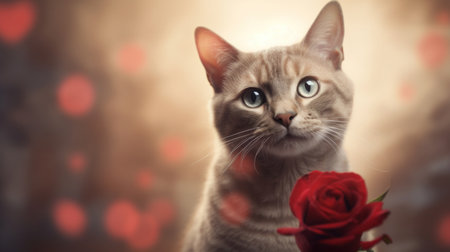 Beautiful cat with red rose on bokeh background, valentines dayの素材