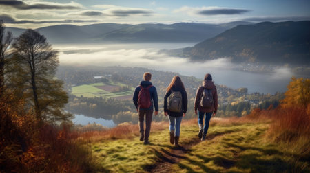 Digital composite of Couple walking on hill with fog and lake in backgroundの素材