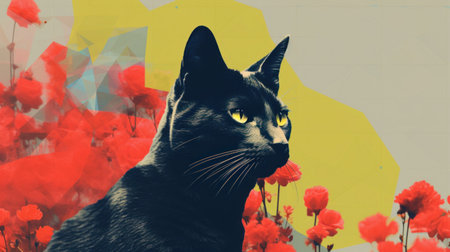 Black cat and red poppies on abstract background. Vintage filterの素材
