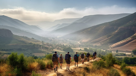 Group of hikers walking on a mountain trail in the morning. Hiking conceptの素材