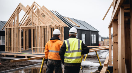 Construction workers on a building site with a wooden frame house under constructionの素材