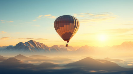 Hot air balloon flying over the clouds at sunset. 3D renderingの素材