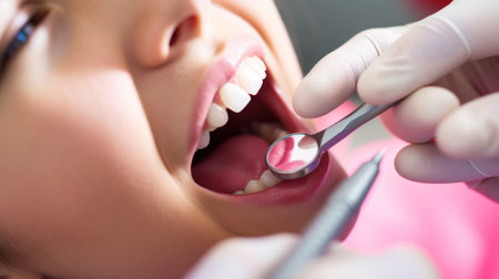 Dentist examining patient's teeth at dental clinic. Dentistry conceptの素材