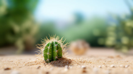 Cactus on sand with blurred background. Copy space for text.の素材