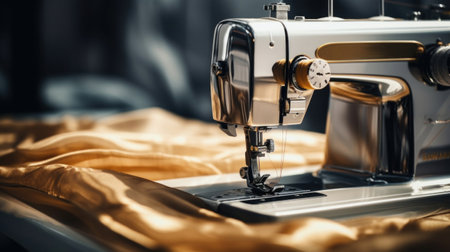 Sewing machine and fabric close-up. Sewing processの素材
